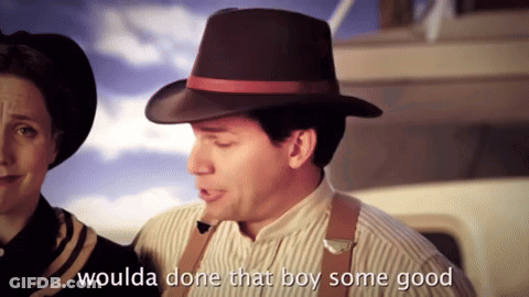 A Man In A Hat Says " Woulda Done That Boy Some Good " Next To A Woman GIF