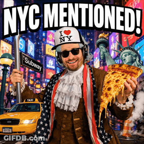 A Man In A Hat That Says I Love Ny Holds A Slice Of Pizza GIF