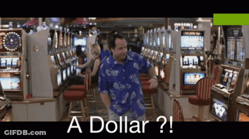 A Man In A Hawaiian Shirt Is Dancing In A Casino With The Words A Dollar ? GIF