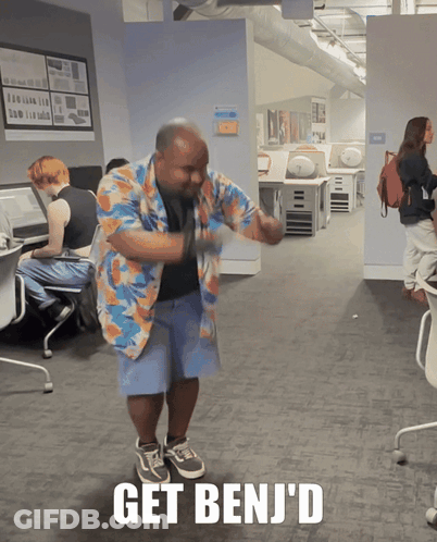 Man In Hawaiian Shirt Dancing With Get Benj Text GIF