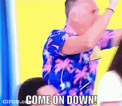A Man In A Hawaiian Shirt Is Dancing With The Words Come On Down Below Him GIF
