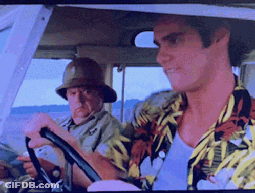 A Man In A Hawaiian Shirt Is Driving A Car With Another Man In A Safari Hat Behind Him GIF