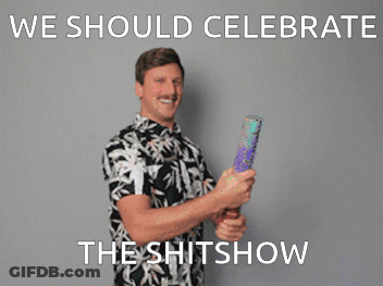 A Man In A Hawaiian Shirt Is Holding A Soap Bubble Gun And Says We Should Celebrate The Shitshow . GIF
