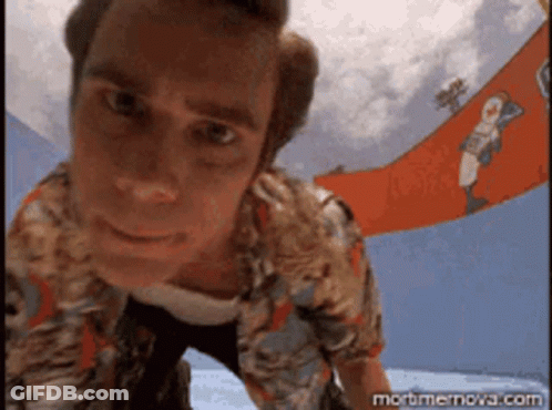 A Man In A Hawaiian Shirt Is Looking Down At The Camera With A Banner In The Background That Says Mortmernova.com GIF
