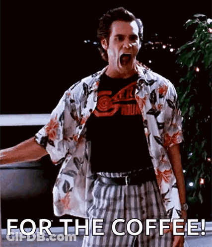 A Man In A Hawaiian Shirt Is Screaming With The Words For The Coffee Behind Him GIF