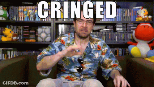 A Man In A Hawaiian Shirt Is Sitting In Front Of A Bookshelf With The Word Cringed Above Him GIF