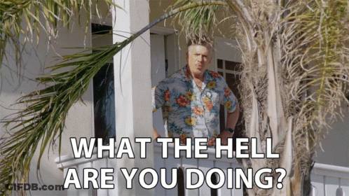 A Man In A Hawaiian Shirt Is Standing In Front Of A House With The Words What The Hell Are You Doing GIF