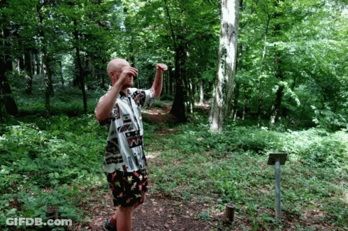 A Man In A Hawaiian Shirt Stands In The Middle Of A Forest GIF
