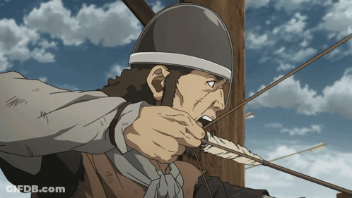 A Man In A Helmet Holds A Bow And Arrow In His Right Hand GIF