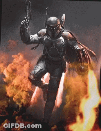 A Man In A Helmet Is Holding A Gun In Front Of A Fire Background GIF
