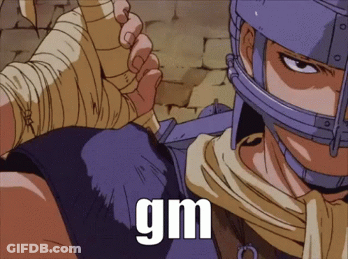 A Man In A Helmet Is Holding A Sword And The Word Gm Is On The Bottom GIF