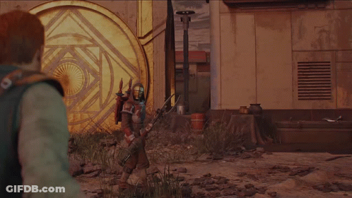 A Man In A Helmet Is Holding A Sword In Front Of A Large Door GIF