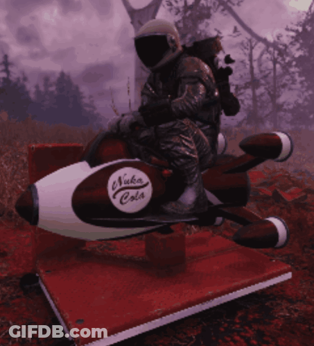 A Man In A Helmet Sits On A Red And White Rocket That Says Nuka Cola GIF