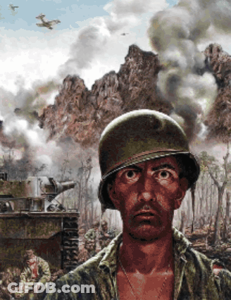 Man In Helmet Standing In Front Of Soldiers Painting GIF