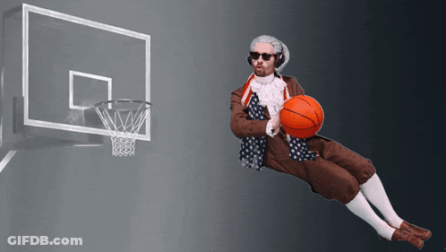 A Man In A Historical Costume Is Playing Basketball GIF