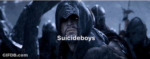 A Man In A Hood With The Words Suicideboys On The Bottom Right GIF