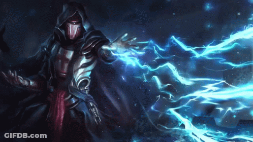 A Man In A Hooded Cape Is Holding A Lightning Bolt In His Hands GIF