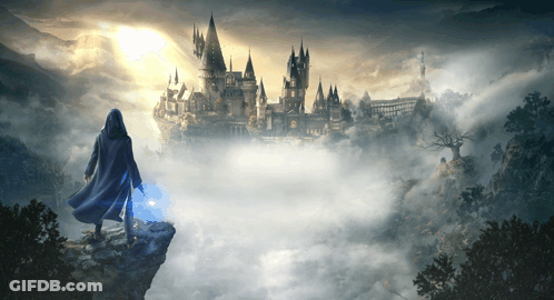 A Man In A Hooded Cape Stands On A Cliff In Front Of A Castle In The Clouds GIF