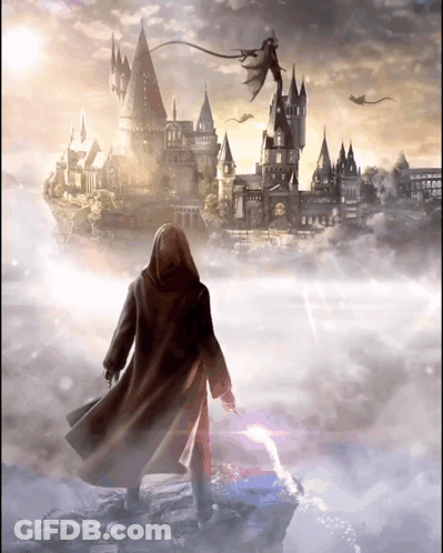 A Man In A Hooded Cloak Stands On A Rock In Front Of A Castle And Dragons GIF