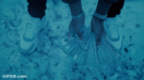 A Man In A Hooded Jacket Is Holding A Fan Of Money In Front Of His Face GIF