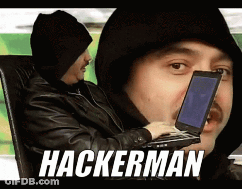 A Man In A Hooded Jacket Is Holding A Laptop And The Word Hackerman Is On The Screen GIF