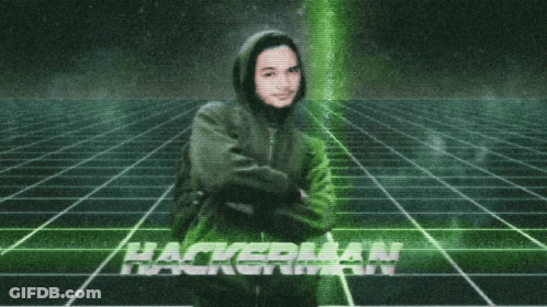 A Man In A Hooded Jacket Is Standing In Front Of A Green Grid With The Word Hackerman On It GIF