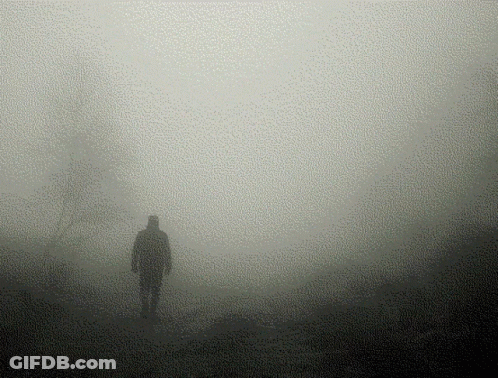 A Man In A Hooded Jacket Is Walking Through The Fog GIF