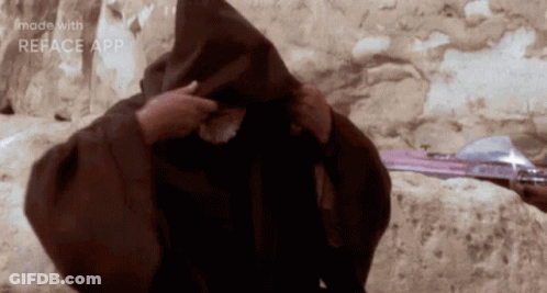 A Man In A Hooded Robe Is Standing In Front Of A Rock Wall . GIF