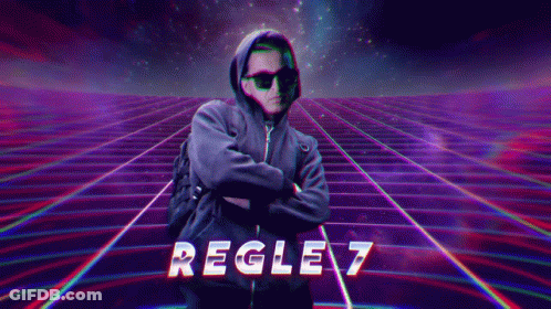 A Man In A Hoodie And Sunglasses Is Standing In Front Of A Neon Grid With The Word Regel7 Written On It GIF