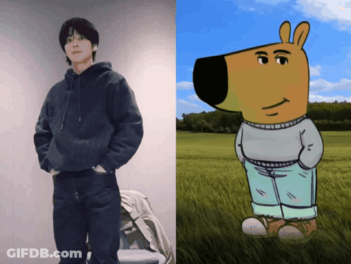 A Man In A Hoodie Is Next To A Cartoon Dog GIF