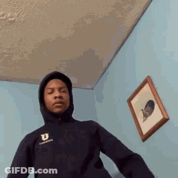 A Man In A Hoodie Is Standing In A Room Next To A Framed Picture . GIF