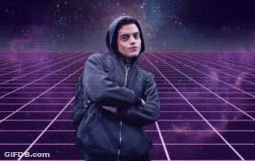 A Man In A Hoodie Is Standing In Front Of A Purple Grid With The Words Hackerman Written On It . GIF