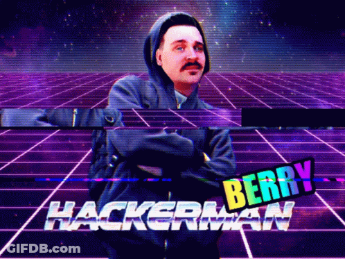 A Man In A Hoodie Stands In Front Of A Grid With The Words Hackerman Berry GIF