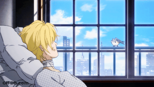 A Man In A Hospital Bed Looking Out A Window At A Bird GIF