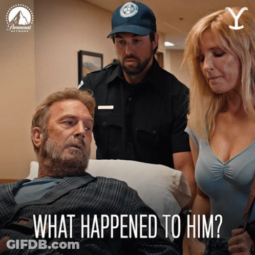 A Man In A Hospital Bed With The Words What Happened To Him Written On The Bottom GIF