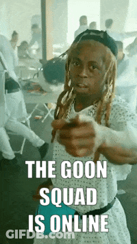 A Man In A Hospital Gown Is Pointing At The Camera And The Goon Squad Is Online GIF