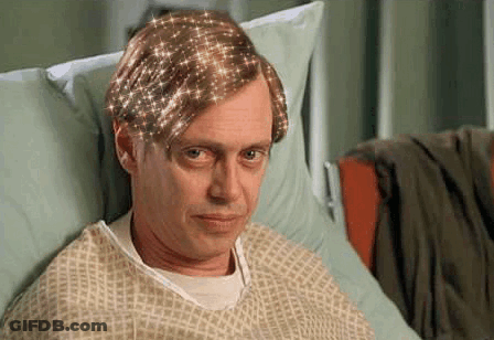 A Man In A Hospital Gown Is Sitting In A Hospital Bed With Sparkles In His Hair . GIF