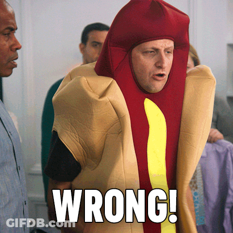 A Man In A Hot Dog Costume Has The Word Wrong On The Bottom Right GIF