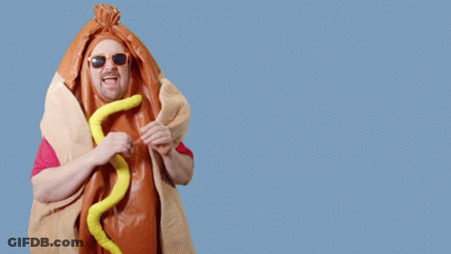 A Man In A Hot Dog Costume Says Cash Mon-Ay On A Blue Background GIF
