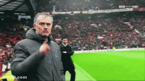 A Man In A Jacket Is Standing On A Soccer Field Giving A Thumbs Up . GIF