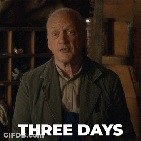 A Man In A Jacket Says Three Days GIF