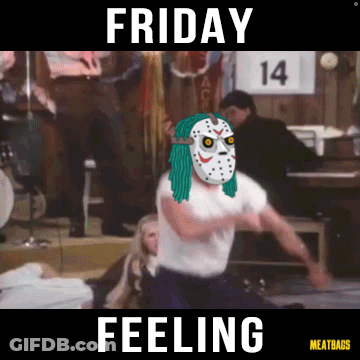 A Man In A Jason Voorhees Mask Is Dancing In Front Of A Sign That Says Friday 14 Feeling GIF