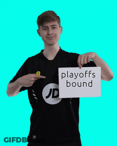 A Man In A Jd Shirt Holds Up A Sign That Says Playoffs Bound GIF