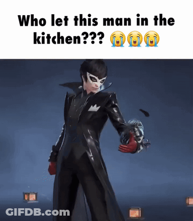 A Man In A Joker Costume Is Holding A Gun With The Caption " Who Let This Man In The Kitchen ?? " GIF