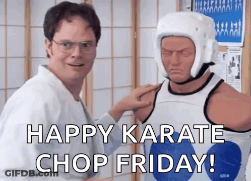 A Man In A Karate Uniform Is Putting A Helmet On A Mannequin And Says Happy Karate Chop Friday . GIF
