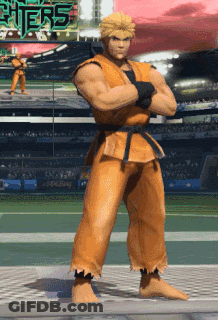 A Man In A Karate Uniform Is Standing In Front Of A Sign That Says Fighters GIF