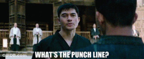 A Man In A Karate Uniform Is Talking To Another Man And Asking What 'S The Punch Line ? GIF