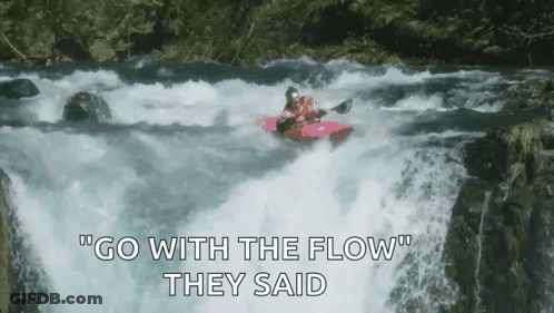 A Man In A Kayak Is Going Through A Waterfall With The Words Go With The Flow They Said GIF