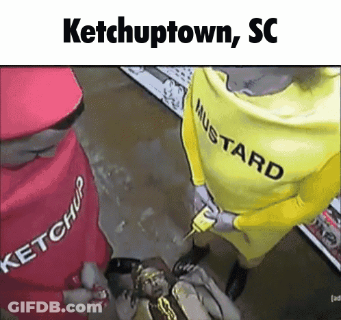 A Man In A Ketchup Costume And A Man In A Yellow Mustard Costume GIF