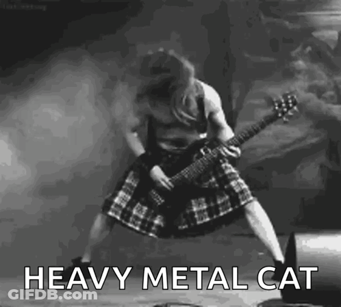 A Man In A Kilt Is Playing A Guitar In A Black And White Photo With The Words Heavy Metal Cat Below Him . GIF